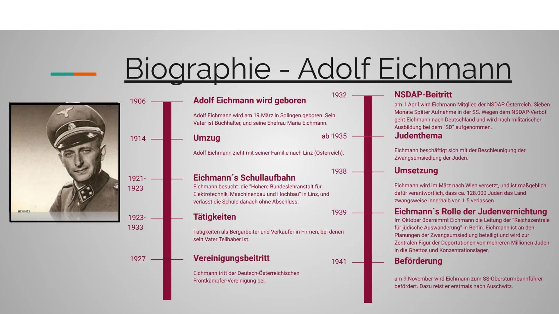 PRÄSENTATION ZU
ADOLF EICHMANN
Seminarfach - Die Deutschen und der Holocaust
Tutoren - Frau Hahne und Herr Lühring
von Yannick Diers 1166
Gl