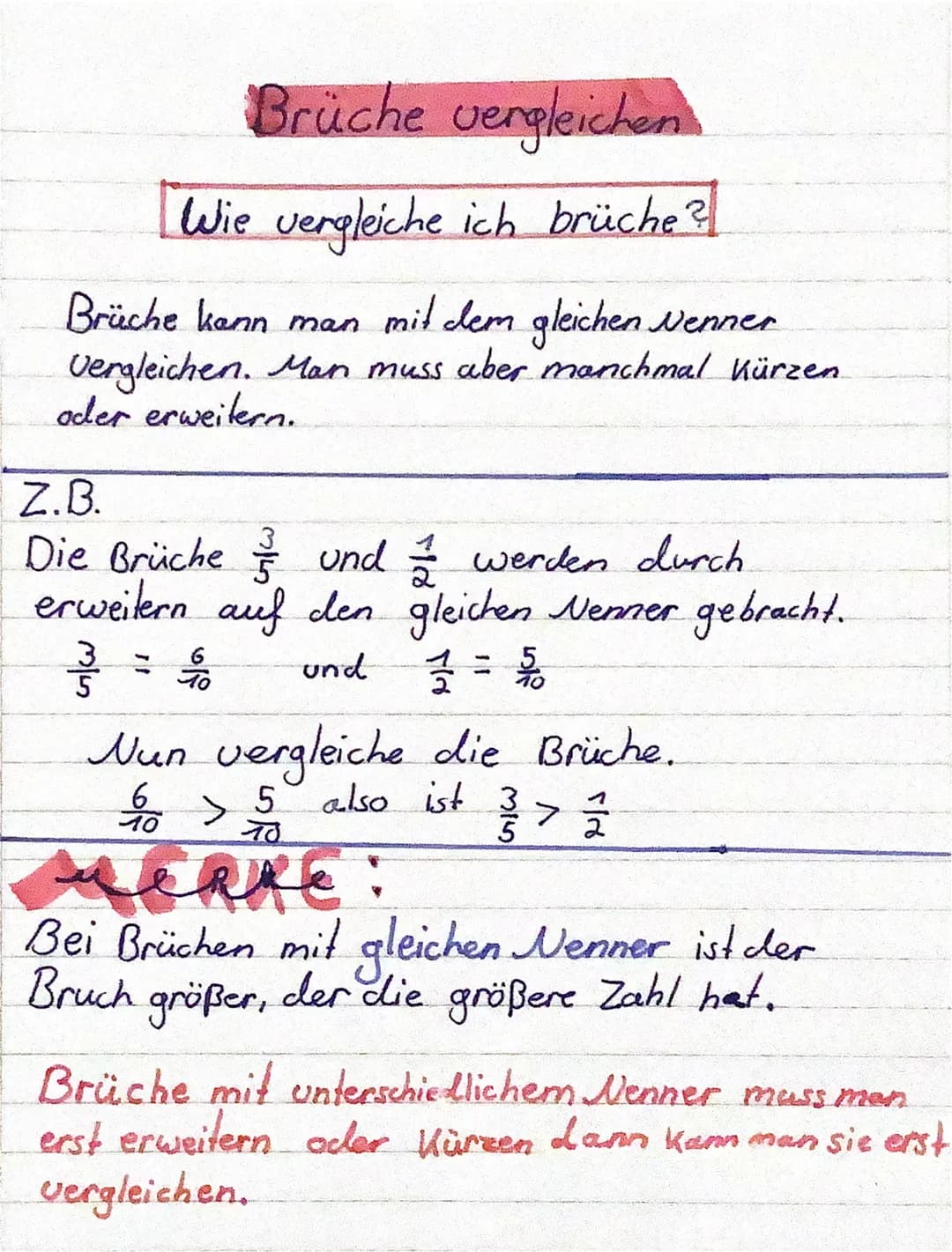 Brüche vergleichen
Wie vergleiche ich brüche?
Brüche kann man mit dem gleichen Wenner
Vergleichen. Man muss aber manchmal Kürzen.
oder erwei