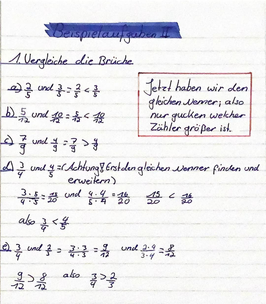 Brüche vergleichen
Wie vergleiche ich brüche?
Brüche kann man mit dem gleichen Wenner
Vergleichen. Man muss aber manchmal Kürzen.
oder erwei