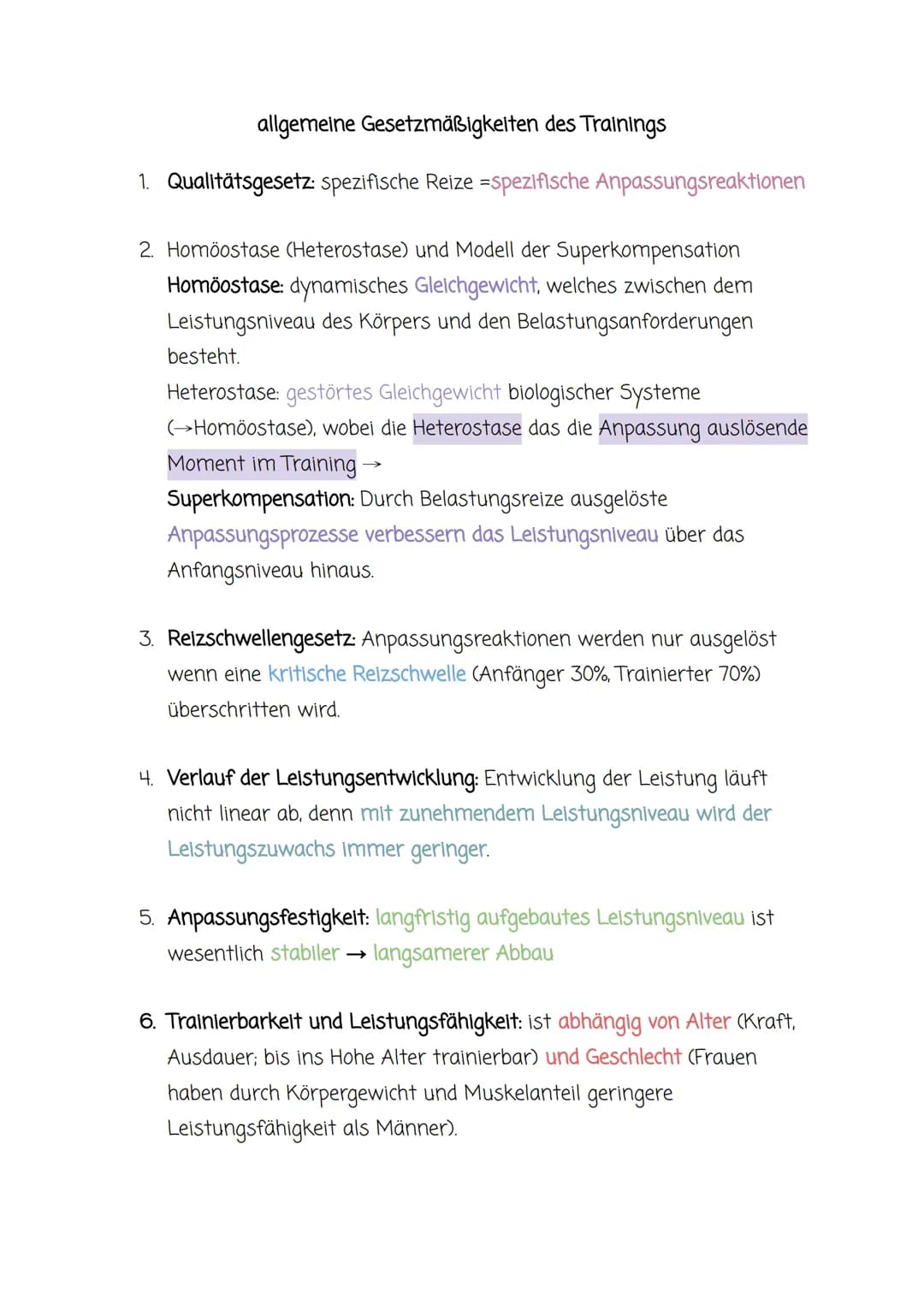 allgemeine Gesetzmäßigkeiten des Trainings
1. Qualitätsgesetz: spezifische Reize =spezifische Anpassungsreaktionen
2. Homöostase (Heterostas