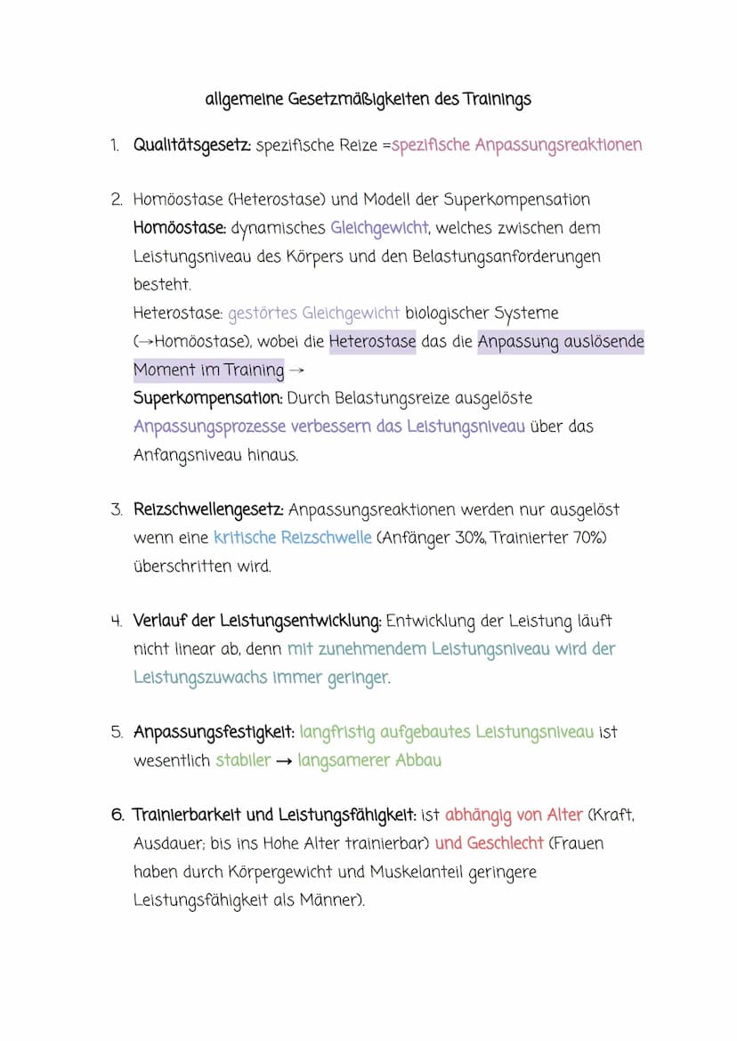 allgemeine Gesetzmäßigkeiten des Trainings
1. Qualitätsgesetz: spezifische Reize =spezifische Anpassungsreaktionen
2. Homöostase (Heterostas