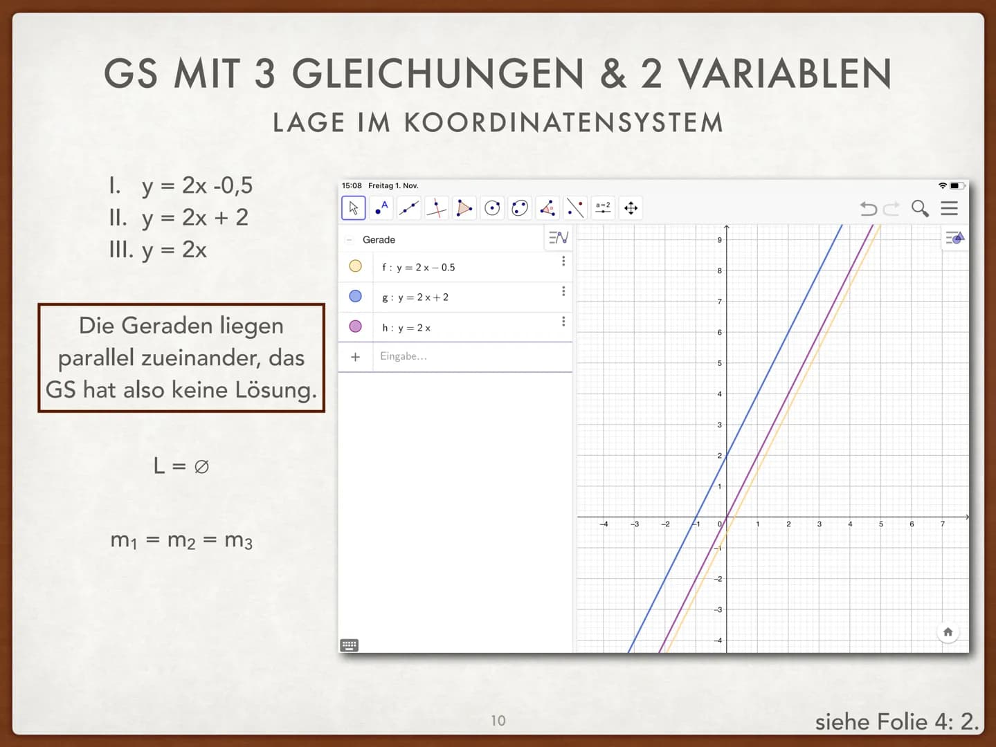 
<h2 id="definitionen">Definitionen</h2>
<p>Die Form ax + by = c von linearen Gleichungen nennt man die allgemeine Form. Die Form y = mx + n