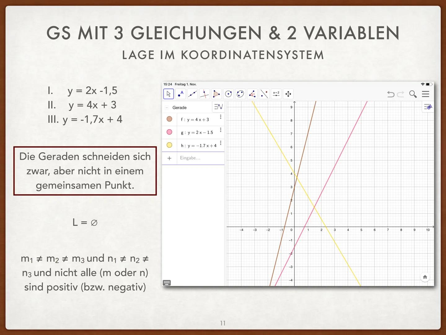 
<h2 id="definitionen">Definitionen</h2>
<p>Die Form ax + by = c von linearen Gleichungen nennt man die allgemeine Form. Die Form y = mx + n