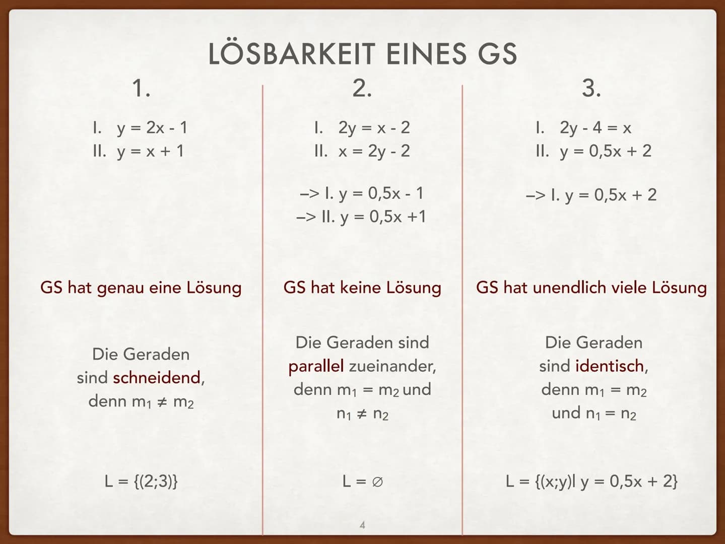 
<h2 id="definitionen">Definitionen</h2>
<p>Die Form ax + by = c von linearen Gleichungen nennt man die allgemeine Form. Die Form y = mx + n