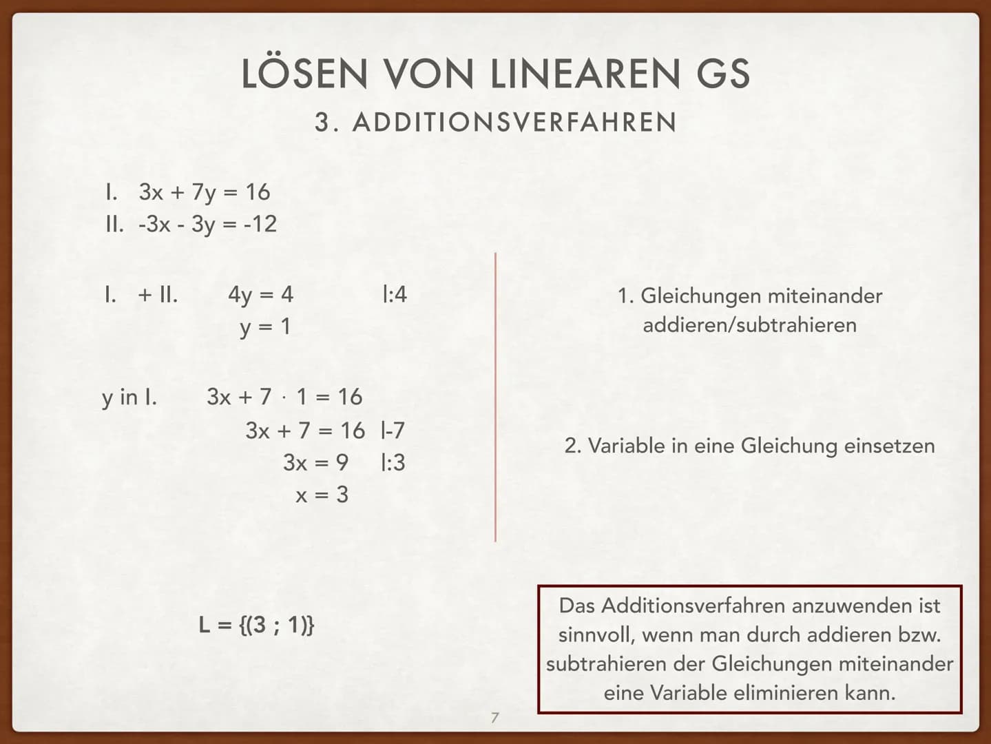 
<h2 id="definitionen">Definitionen</h2>
<p>Die Form ax + by = c von linearen Gleichungen nennt man die allgemeine Form. Die Form y = mx + n