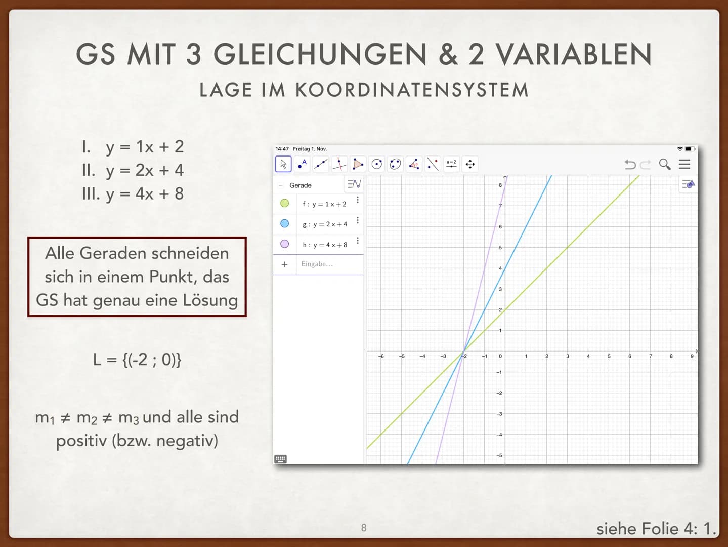 
<h2 id="definitionen">Definitionen</h2>
<p>Die Form ax + by = c von linearen Gleichungen nennt man die allgemeine Form. Die Form y = mx + n