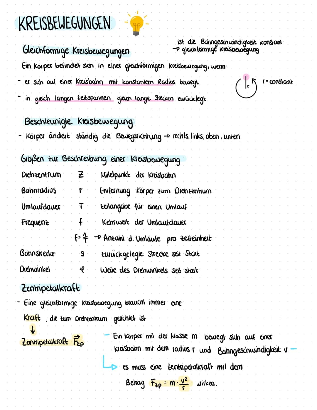 KREISBEWEGUNGEN
Gleichförmige Kreisbewegungen
Ein Körper befindet sich in einer gleichförmigen kreisbewegung, wenn:
er sich auf einer Kreisb