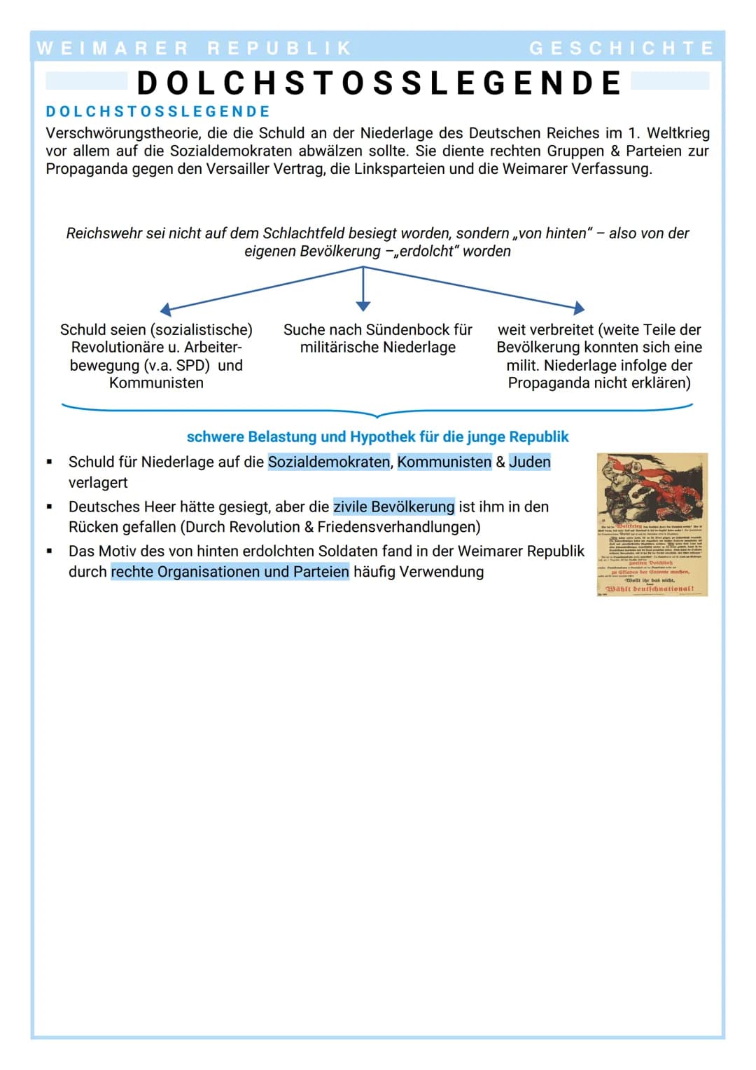 WEIMARER REPUBLIK
DOLCHSTOSSLEGENDE
Verschwörungstheorie, die die Schuld an der Niederlage des Deutschen Reiches im 1. Weltkrieg
vor allem a