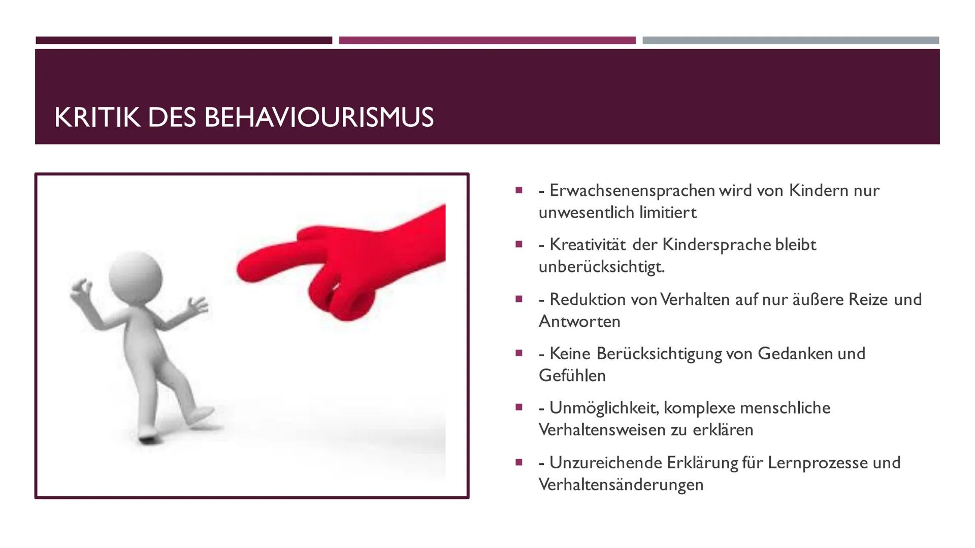 SPRACHERWERBSTHEORIEN
PRÄSENTATION VON JAN WIEDENHOFF KAPITEL ÜBERSICHT
1. Behaviorismus
1.1 Definition und Inhalt
1.2 Burrhus Frederic Skin