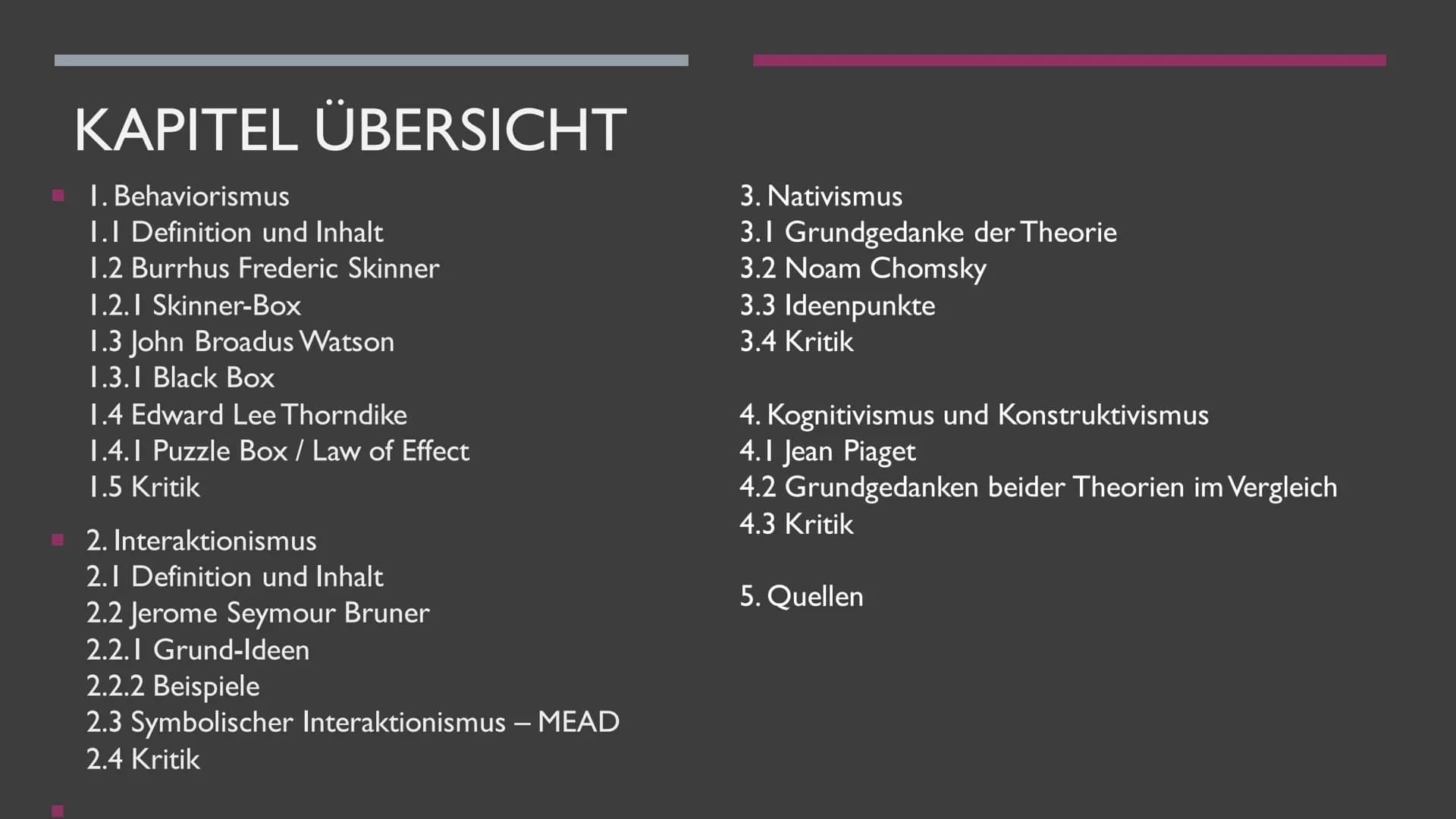 SPRACHERWERBSTHEORIEN
PRÄSENTATION VON JAN WIEDENHOFF KAPITEL ÜBERSICHT
1. Behaviorismus
1.1 Definition und Inhalt
1.2 Burrhus Frederic Skin