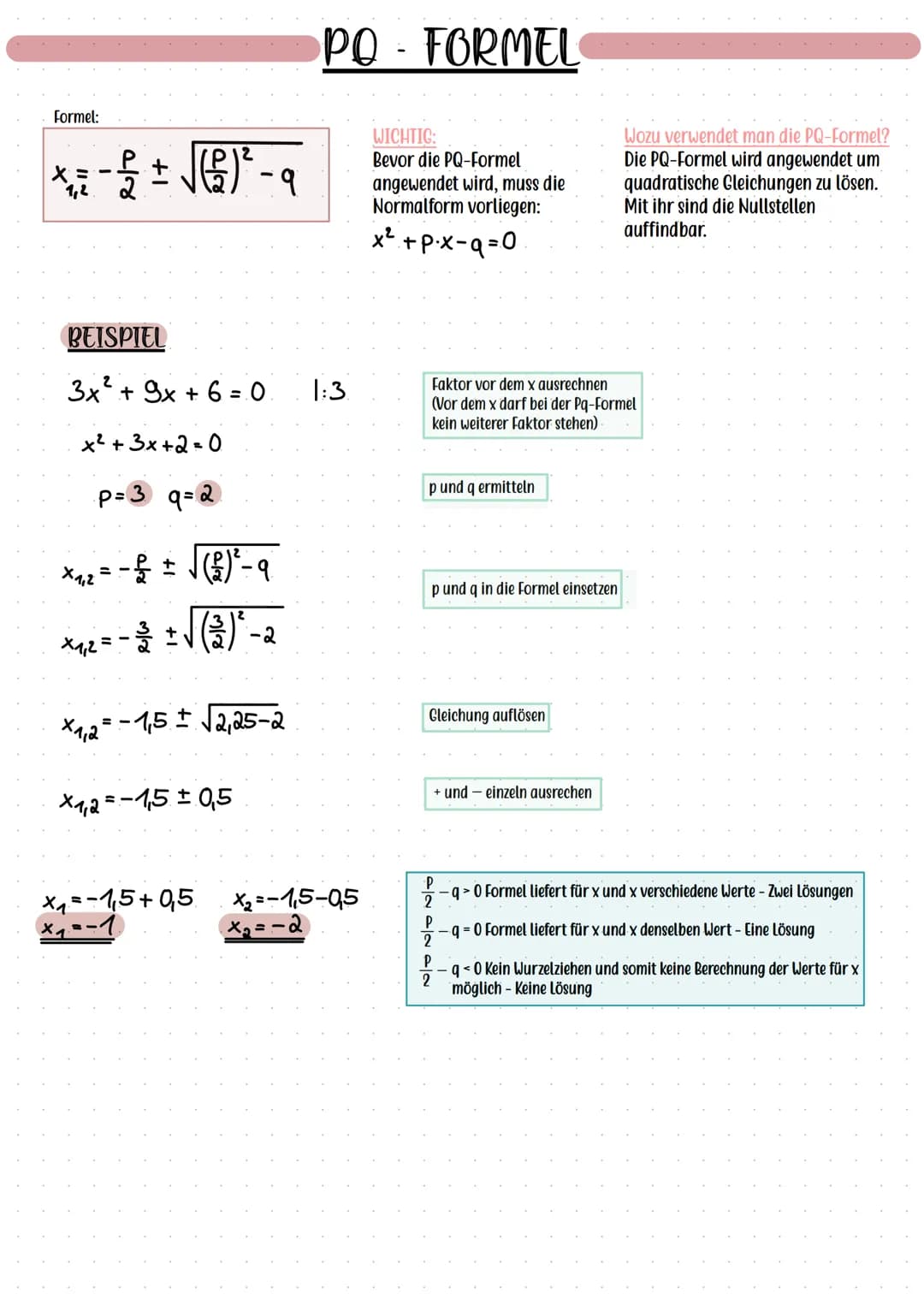 Formel:
xa-£ ± √()² - ₁
³²
X =
1,2
BEISPIEL
3x² + 9x+6=0.
x² + 3x +2=0
p=3 q=2
× 1₁,2 = − £ ± √ (£) ² - 9
×1₁2 = − 3² ± √ √(3) ²³-2
×₁₁2 = −