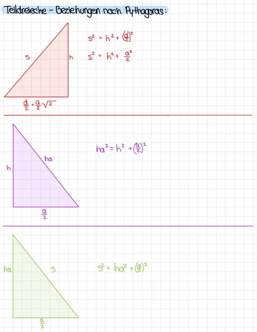 Teildreieche - Beziehungen nach Pythagoras :
s2 = h2 +
52 =h2+2
h
ha
S
है-देवर
ha
을
N
S
चन हात
2
ha2z =h2 + (22) 2
S2 = haz + 2) 2 PYIRAMIDE