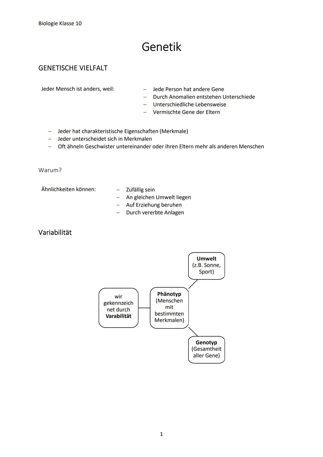 Biologie Klasse 10
GENETISCHE VIELFALT
Jeder Mensch ist anders, weil:
Warum?
Jeder hat charakteristische Eigenschaften (Merkmale)
Jeder unte