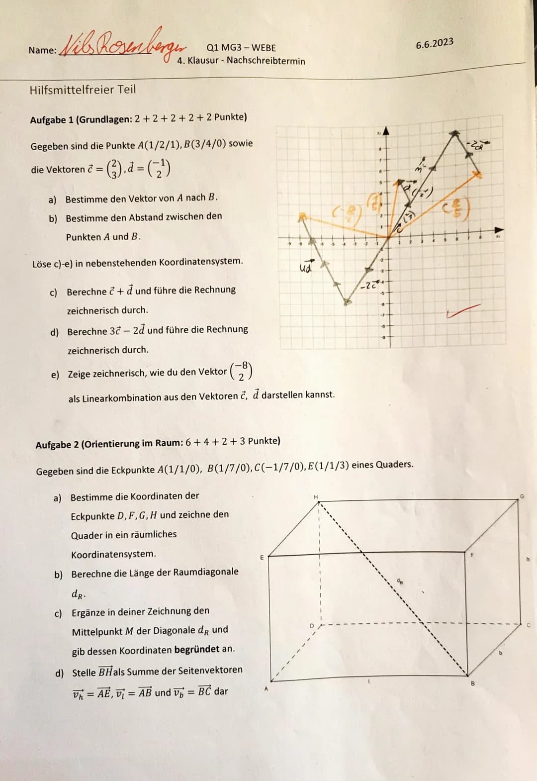 Name:
Vils Rosenberger
Hilfsmittelfreier Teil
Q1 MG3 WEBE
4. Klausur Nachschreibtermin
Aufgabe 1 (Grundlagen: 2+2+2+2+2 Punkte)
Gegeben sind