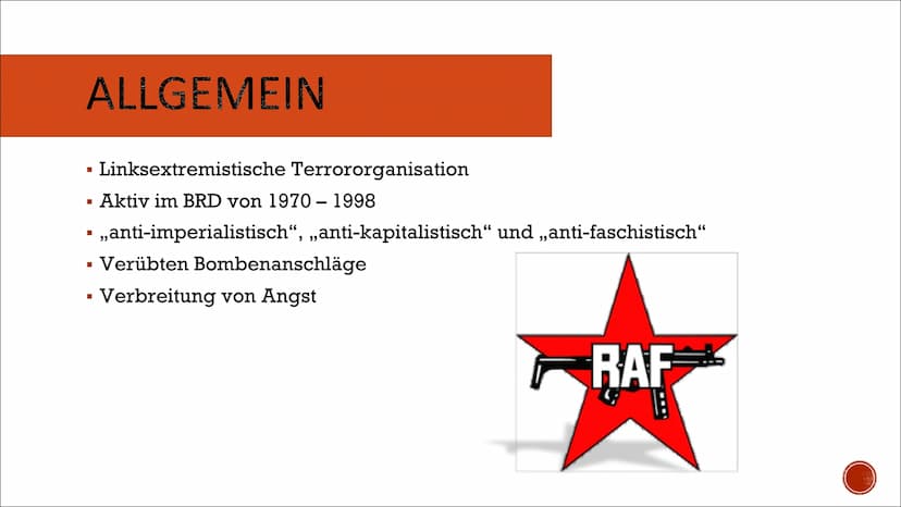 Von Jessy, Emely und Mayda
RAF
Rote Armee Fraktion INHALTSVERZEICHNIS
■
Allgemein
I
Entstehungsgeschichte
> Vorgeschichte
1. Generation
2. G