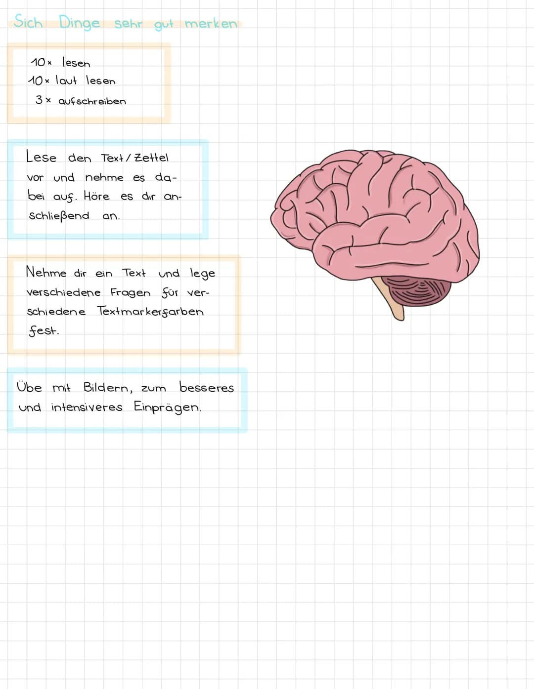 Sich Dinge sehr gut merken
10x lesen
10x laut lesen
3x aufschreiben.
Lese den Text/Zettel
vor und nehme es da-
bei auf. Höre es dir an-
Schl