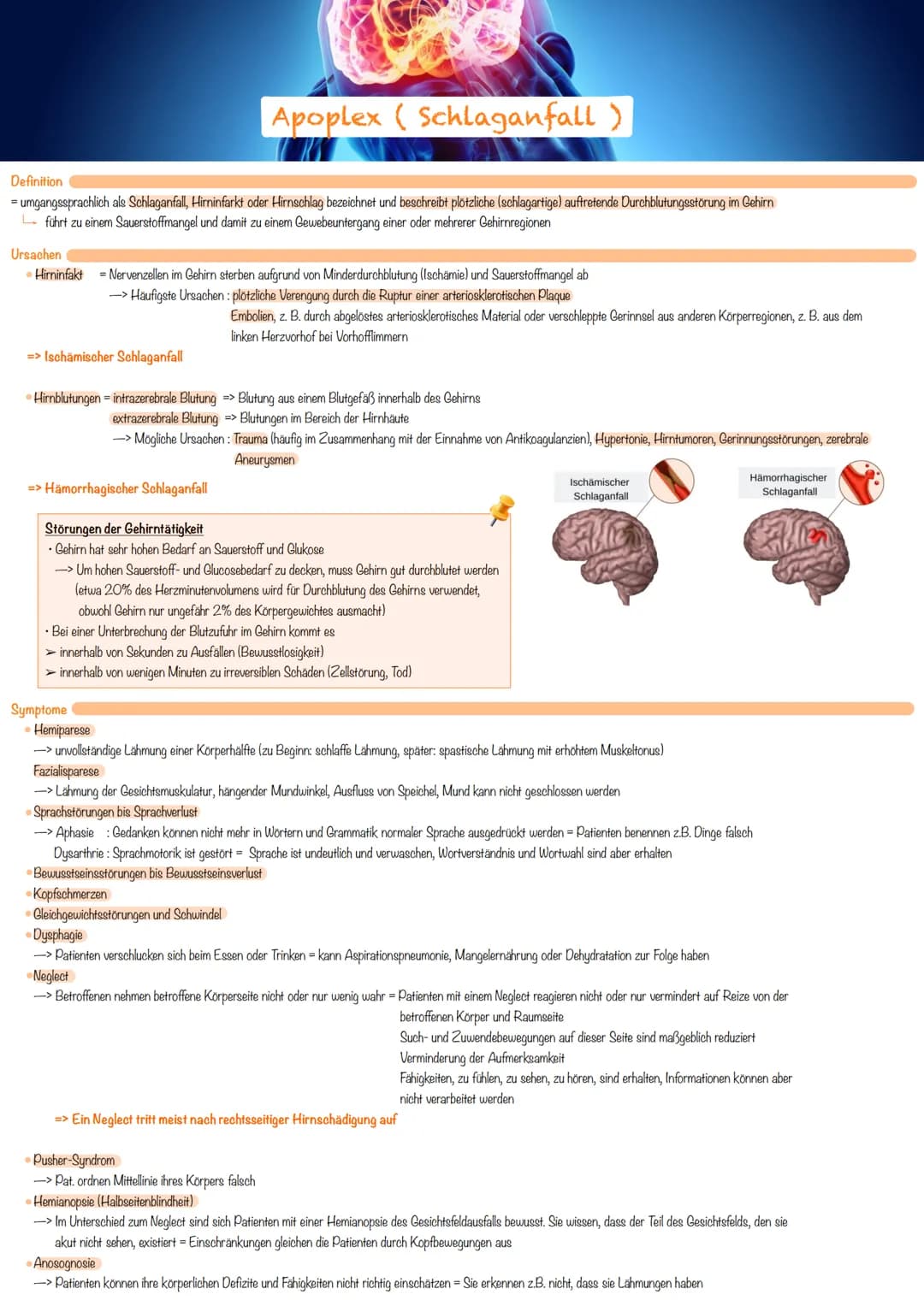 Apoplex (Schlaganfall)
Definition
= umgangssprachlich als Schlaganfall, Hirninfarkt oder Hirnschlag bezeichnet und beschreibt plötzliche (sc