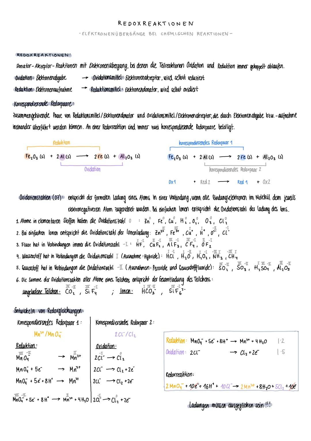 REDOX REAKTIONEN:
Donator-Akzeptor-Reaktionen mit Elektronen übergang, bei denen die Teilreaktionen Oxidation und Reduktion immer gekoppelt 