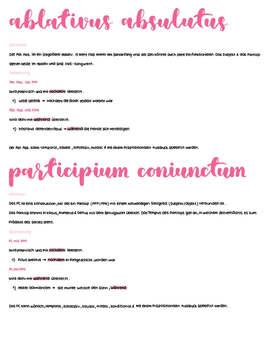 ablativus absulutus
Definition
Der Abl. Abs. ist ein losgelöster Ablativ. Er steht fast immer am Satzanfang und der Satz könnte auch ohne ih