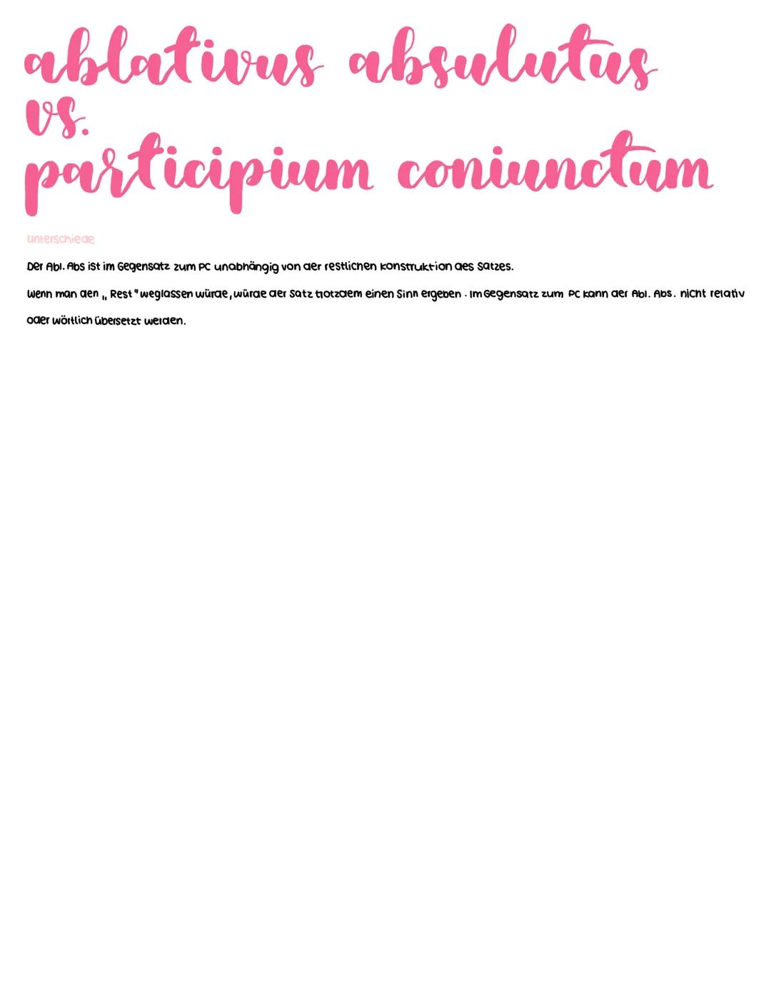 ablativus absulutus
Definition
Der Abl. Abs. ist ein losgelöster Ablativ. Er steht fast immer am Satzanfang und der Satz könnte auch ohne ih