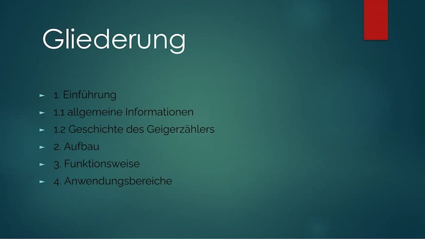 Geiger Müller Zählrohr Gliederung
1. Einführung
1.1 allgemeine Informationen
1.2 Geschichte des Geigerzählers
2. Aufbau
3. Funktionsweise
4.