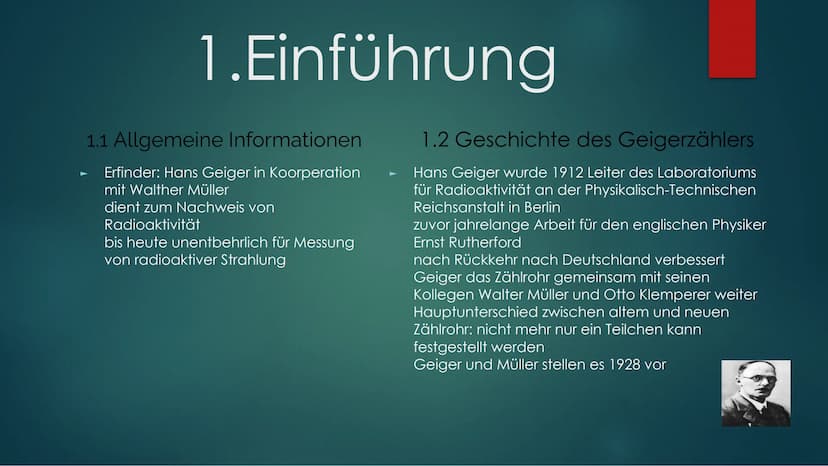 Geiger Müller Zählrohr Gliederung
1. Einführung
1.1 allgemeine Informationen
1.2 Geschichte des Geigerzählers
2. Aufbau
3. Funktionsweise
4.