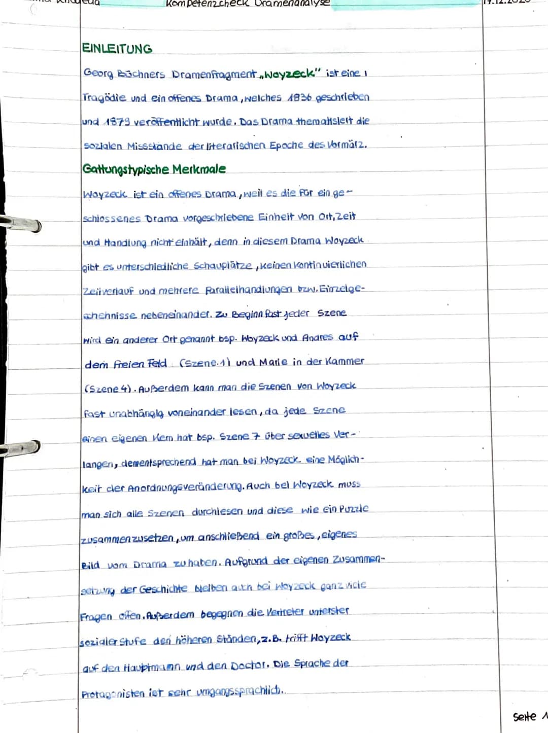 EINLEITUNG
Kompetenzcheck Dramenanalyse
Georg Büchners Dramenfragment,Woyzeck" ist eine I
Tragödie und ein offenes Drama, welches 1836 gesch