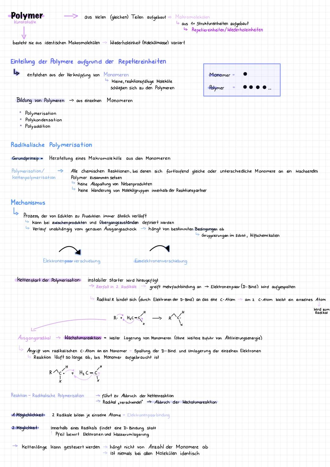 Polymer
Kunststoffe
besteht nie aus identischen Makromolekülen Wiederholeinheit (Molekülmasse) variiert
Einteilung der Polymere aufgrund der