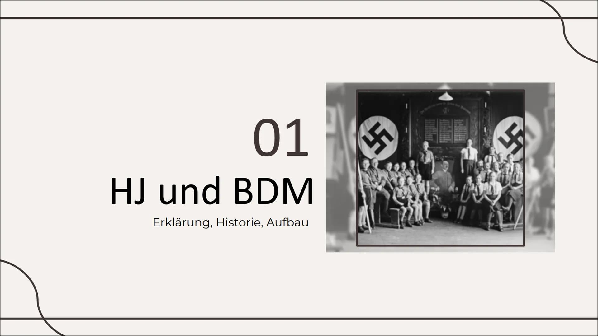 Erziehung im
Nationalsozialismus
Von Hatice und Sudem 01
HJ und BDM
Erklärung, Historie,
Aufbau
Zitat, Erklärung
Inhaltsverzeichnis
02
Indok