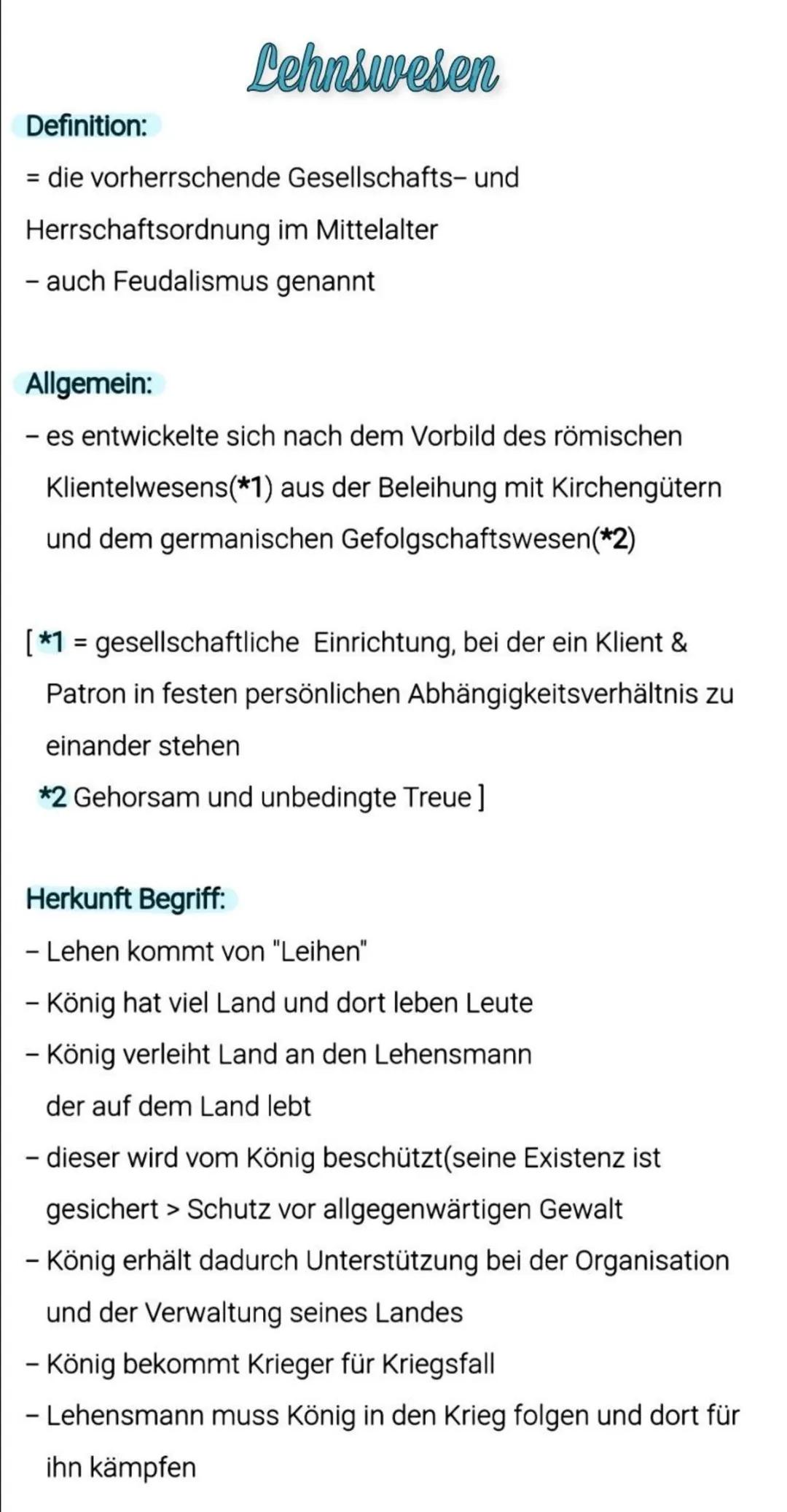 # Lehnswesen

Definition:

= die vorherrschende Gesellschafts- und
Herrschaftsordnung im Mittelalter

- auch Feudalismus genannt

Allgemein: