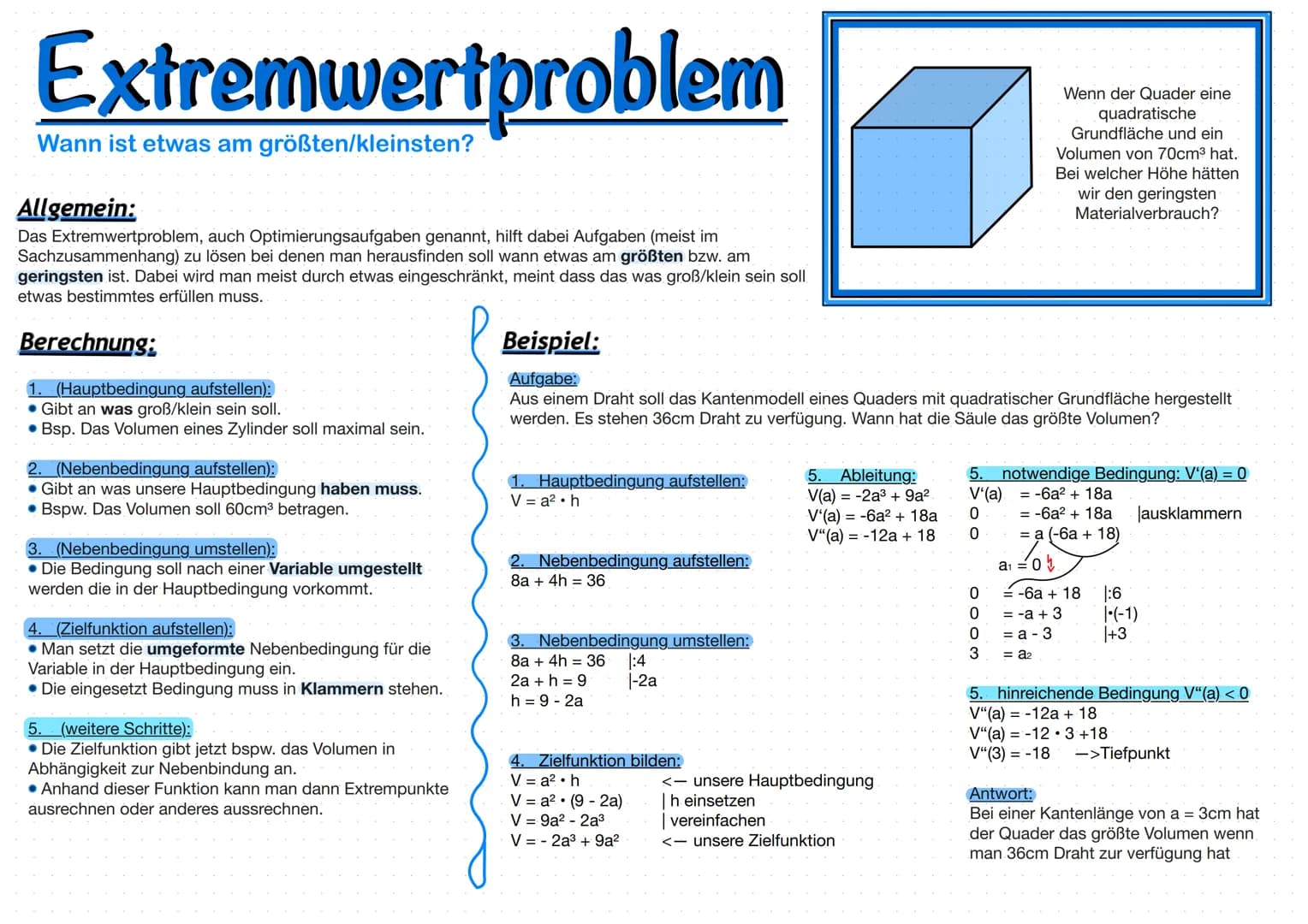 Extremwertproblem
Wann ist etwas am größten/kleinsten?
Allgemein:
Das Extremwertproblem, auch Optimierungsaufgaben genannt, hilft dabei Aufg