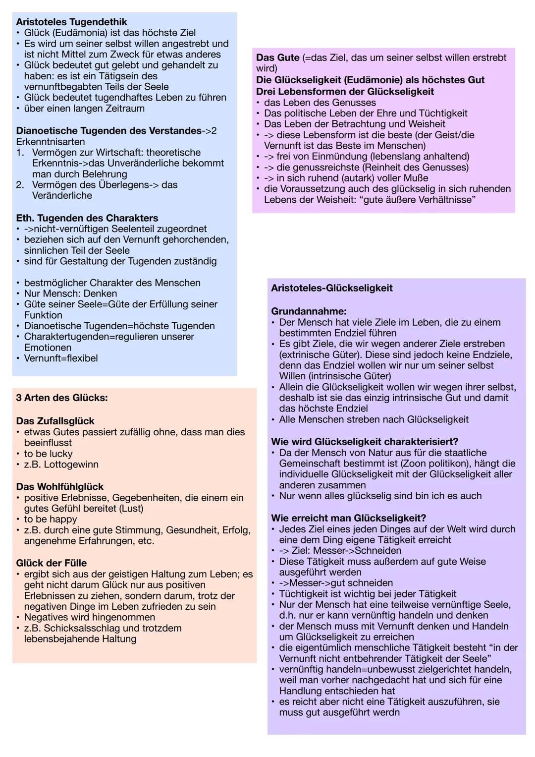 Aristoteles Tugendethik
• Glück (Eudämonia) ist das höchste Ziel
• Es wird um seiner selbst willen angestrebt und
ist nicht Mittel zum Zweck
