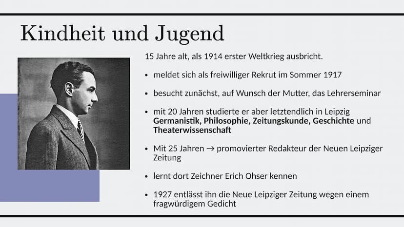 Erich
Kästner
Ein Lyriker des 20. Jahrhunderts Daten zu Erich Kästner
1899 in Dresden
† 1974 in München
wurde 75 Jahre alt
Kästner war deuts