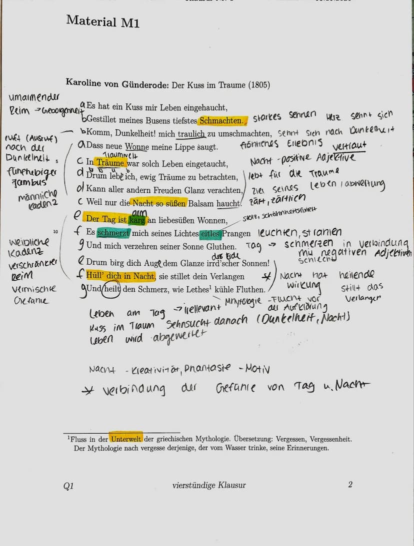 Q1
Interpretation eines lyrischen Textes
Aufgaben
1. Interpretieren Sie das Gedicht Der Kuss im Traume (M1) mit Schwer-
punkt auf Inhalt und