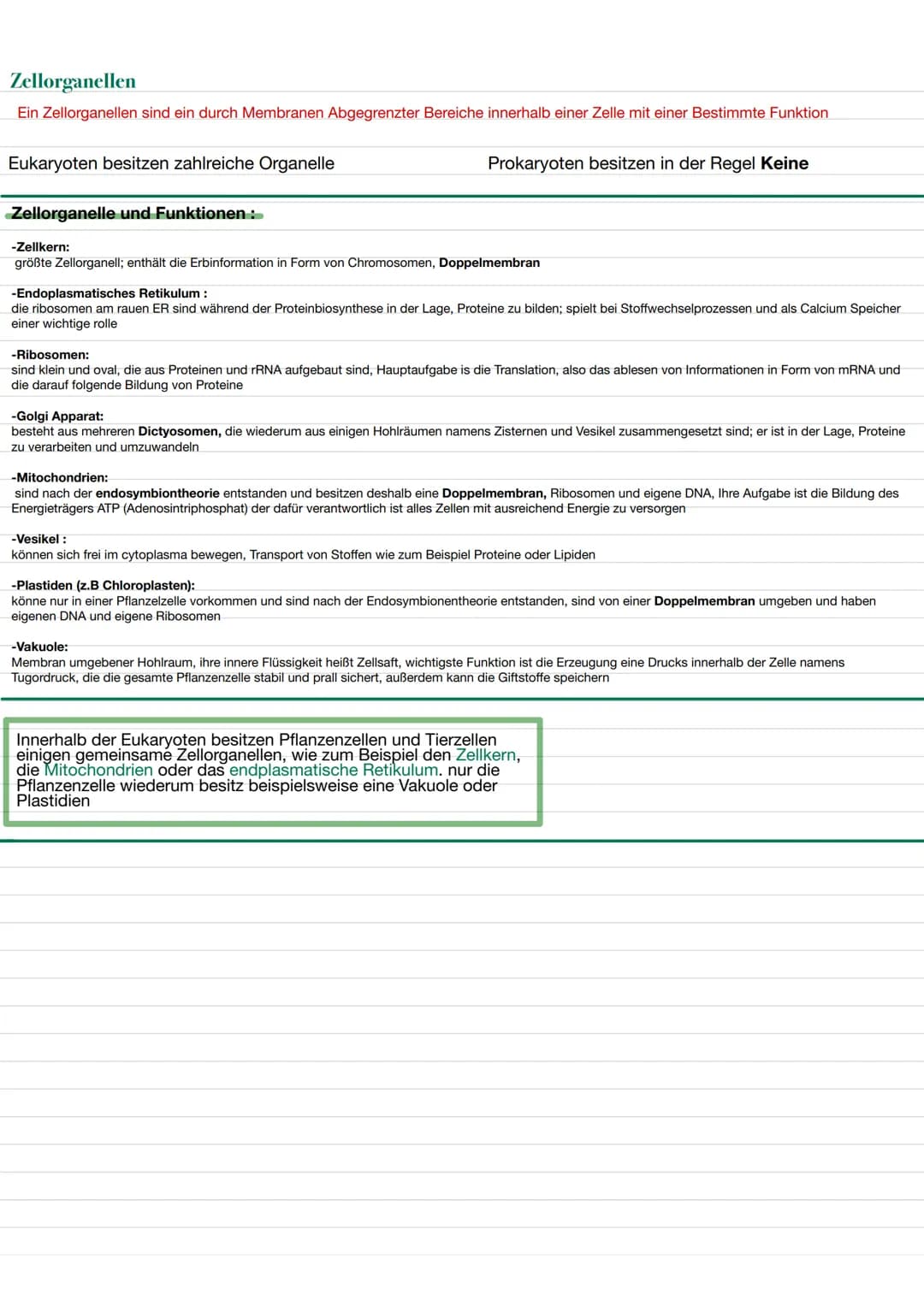 BIO LERNZETTEL
Themen:
-biologischer Organisation O
-Zellen (tierische und Pflanzliche)✓
-> Aufbau ✔
✓
-> Funktionen von Organellen.
-Isolie