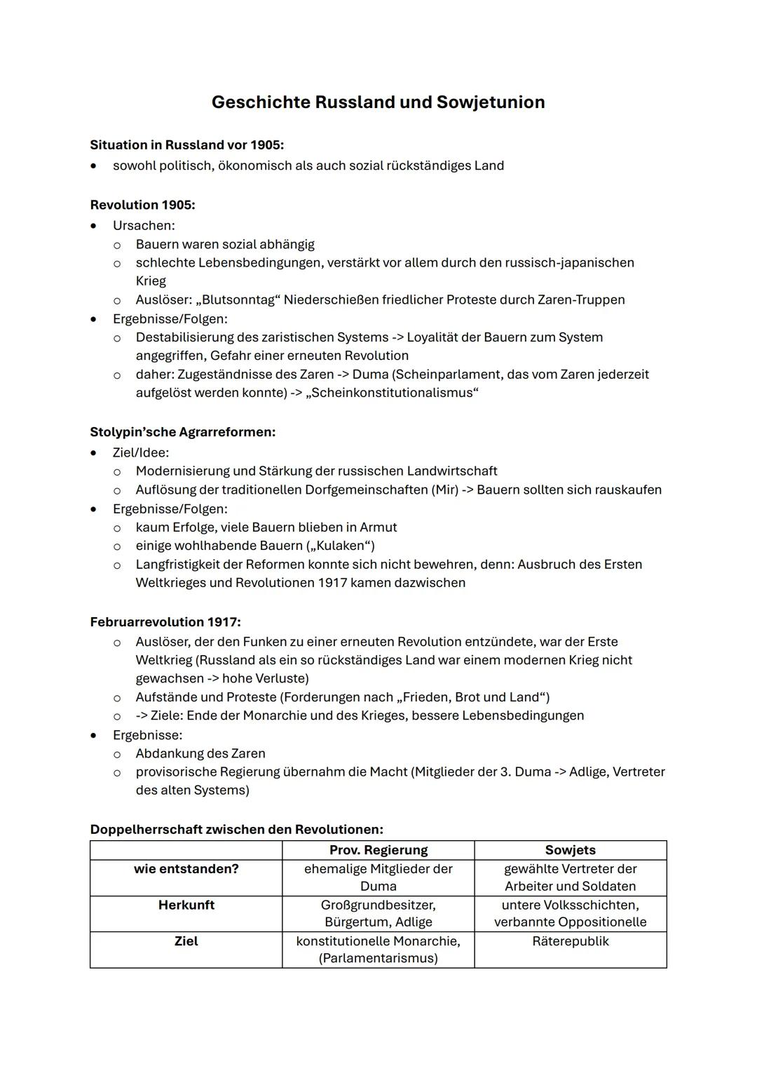 # Geschichte Russland und Sowjetunion

Situation in Russland vor 1905:
- sowohl politisch, ökonomisch als auch sozial rückständiges Land

Re