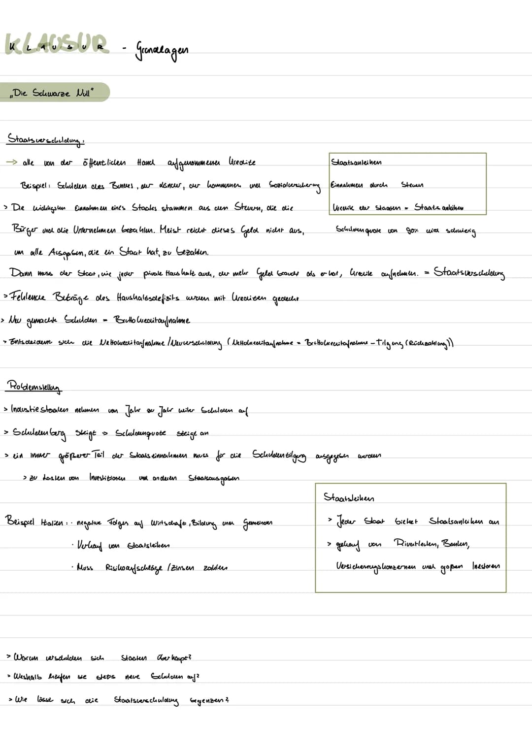KLAUSUR-Granelagen.
Die Schwarze Null"
Staatsverschuldung:
→ alle
Hand aufgenommener Kredite.
Beispiel: Schulden des Bundes, our Lancer, our
