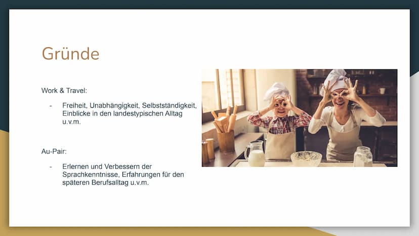 Work & Travel
Au-Pair Gliederung
1. Definitionen
2. Gründe
3. Voraussetzungen
4. Kosten
5. Finanzierung
6. besonders geeignete Länder
7. Dau