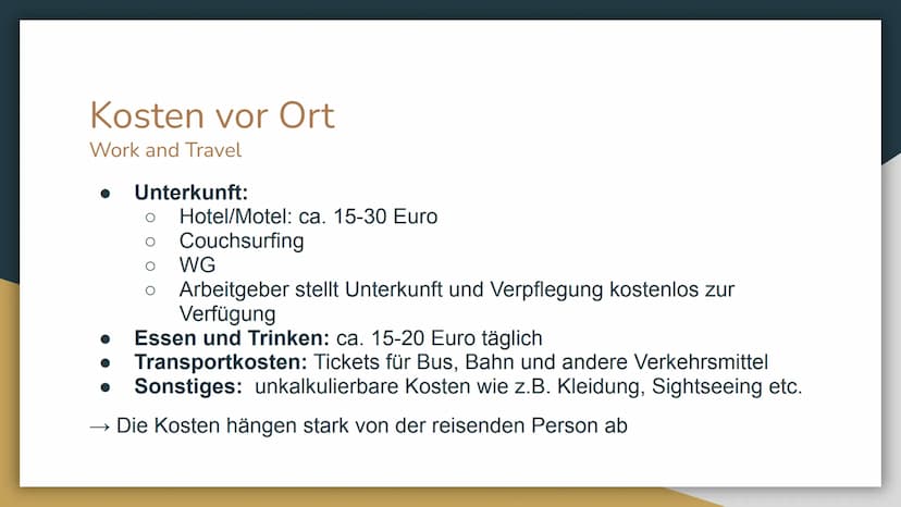 Work & Travel
Au-Pair Gliederung
1. Definitionen
2. Gründe
3. Voraussetzungen
4. Kosten
5. Finanzierung
6. besonders geeignete Länder
7. Dau