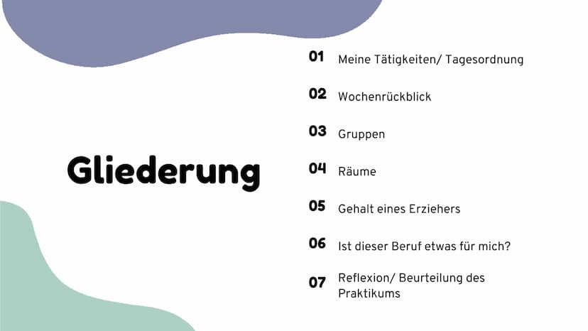 Unsere Vorstellung vom Beruf
Erzieher
Präsentiert von Henna und Marvin Gliederung
01
Meine Tätigkeiten/ Tagesordnung
02 Wochenrückblick
03 G