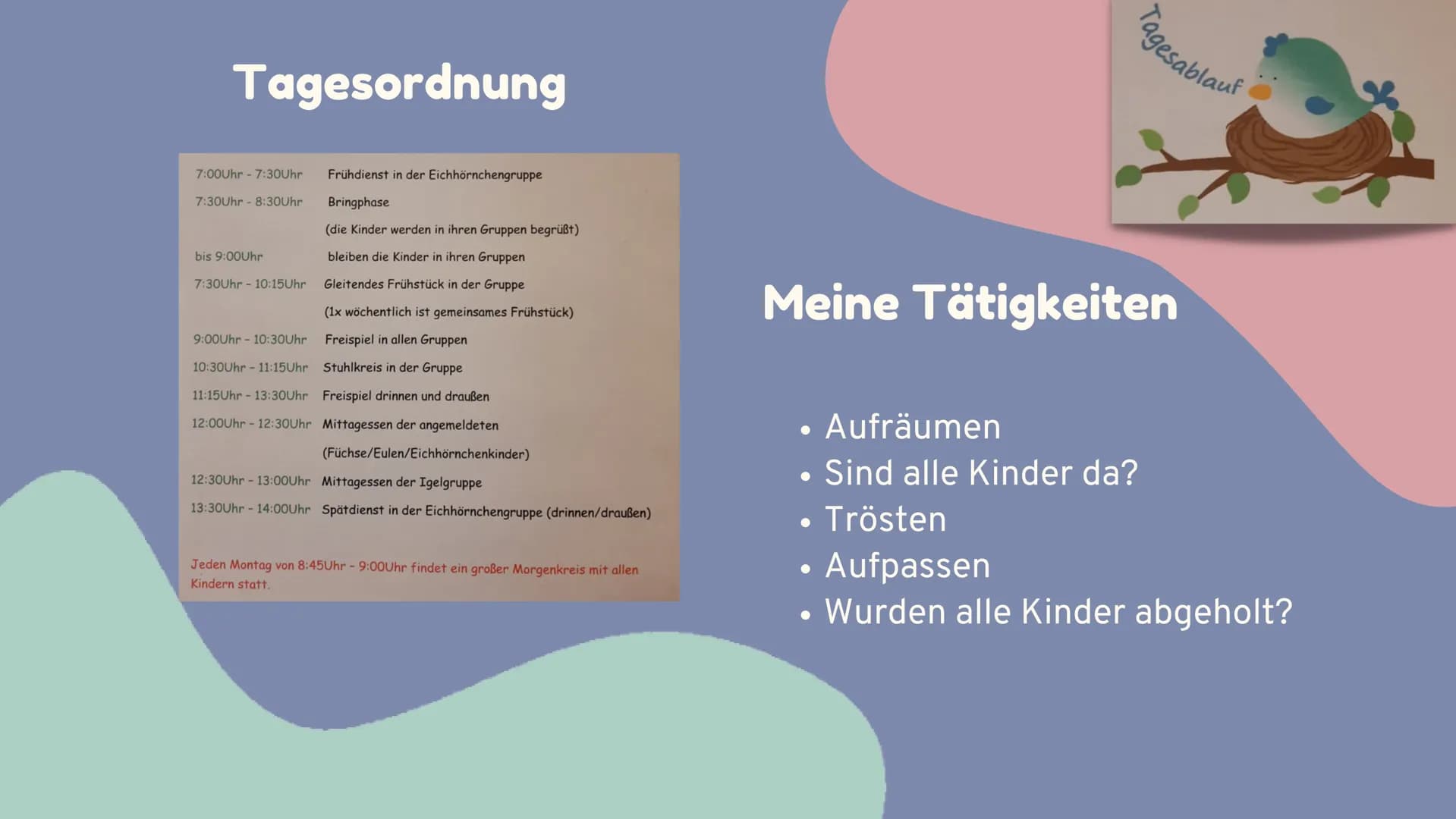 Unsere Vorstellung vom Beruf
Erzieher
Präsentiert von Henna und Marvin Gliederung
01
Meine Tätigkeiten/ Tagesordnung
02 Wochenrückblick
03 G