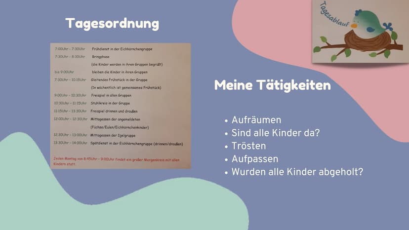 Unsere Vorstellung vom Beruf
Erzieher
Präsentiert von Henna und Marvin Gliederung
01
Meine Tätigkeiten/ Tagesordnung
02 Wochenrückblick
03 G