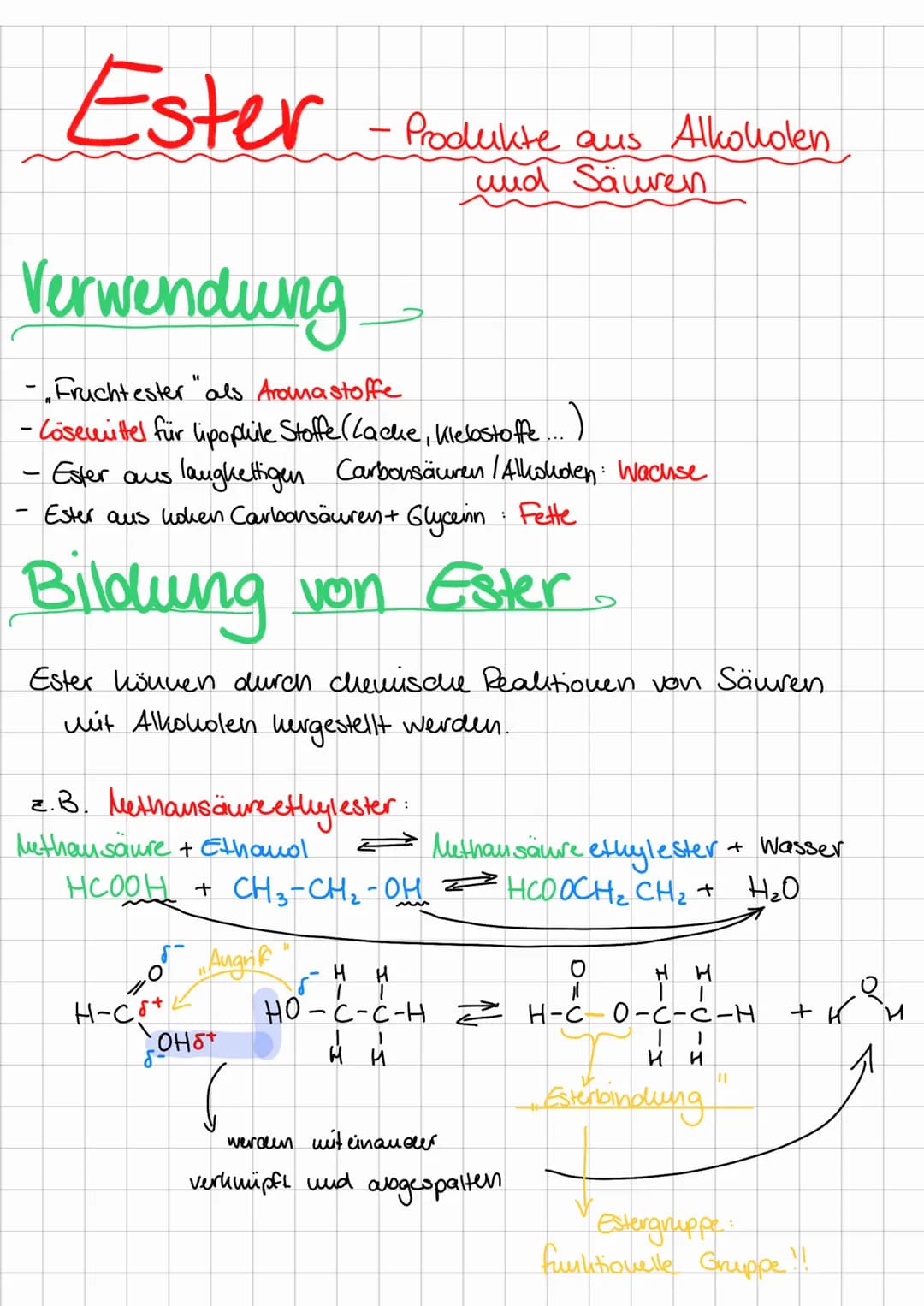 Ester
Verwendung
- Frucht ester "als Aroma stoffe
- Cösemittel für lipophile Stoffe (Lacke, Klebstoffe.
Ester aus laughettigen Carbonsäuren 