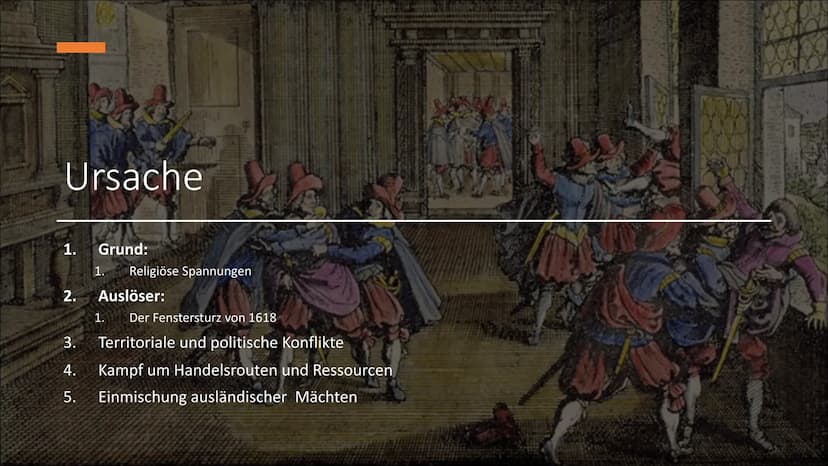 30 jähriger Krieg
1618-1648
Ging es um Macht oder um Glauben? Gliederung
●
Ursache
Teilnehmer/Ziele
Verlauf
Ort
Folgen
Antwort auf die Leitf