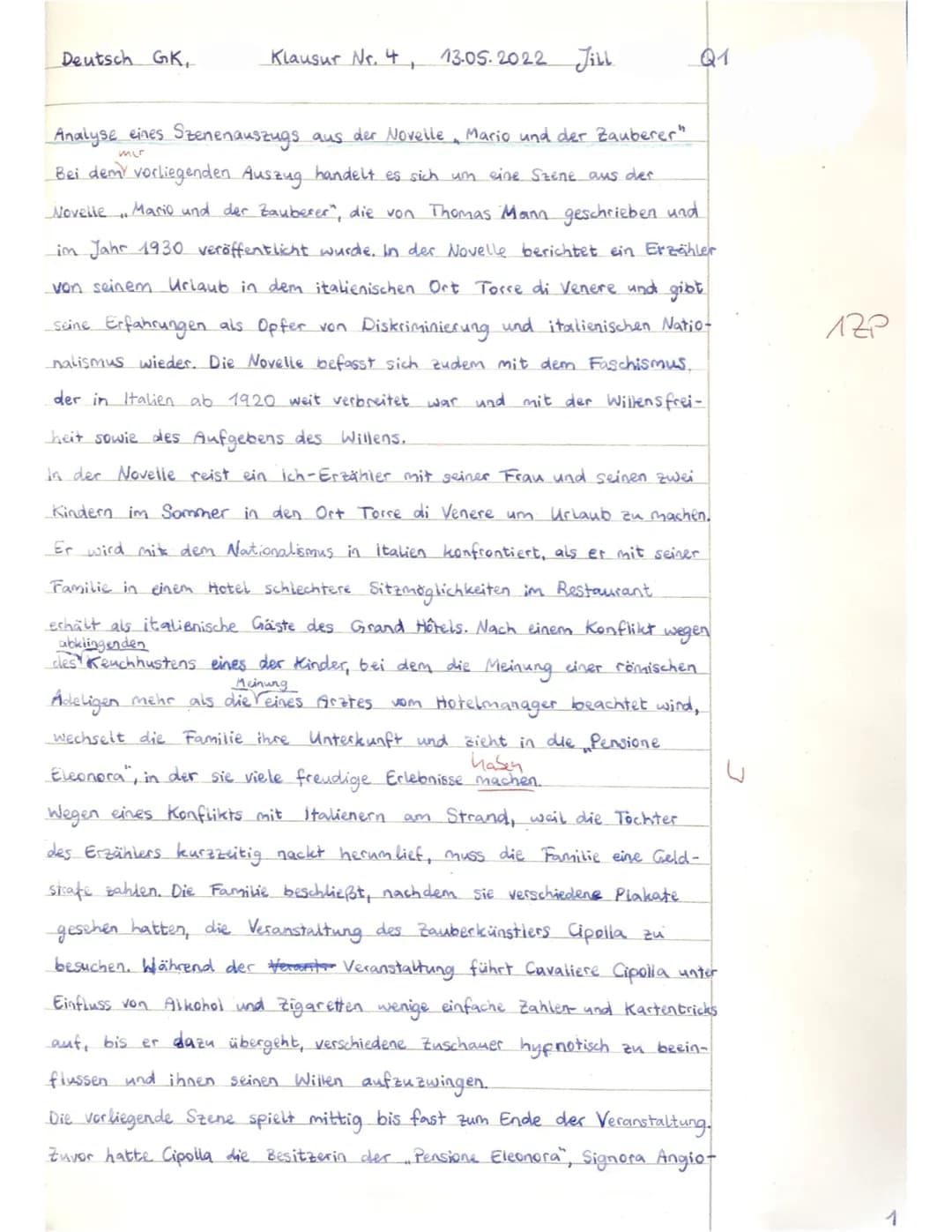Grundkurs Deutsch Q1
4. Klausur
Jill
13.05.2022 (10:35-12:50 Uhr)
Thema: Die Beeinflussung des menschlichen Willens in Thomas Manns ,,Mario 
