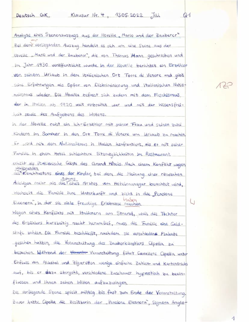Grundkurs Deutsch Q1
4. Klausur
Jill
13.05.2022 (10:35-12:50 Uhr)
Thema: Die Beeinflussung des menschlichen Willens in Thomas Manns ,,Mario 