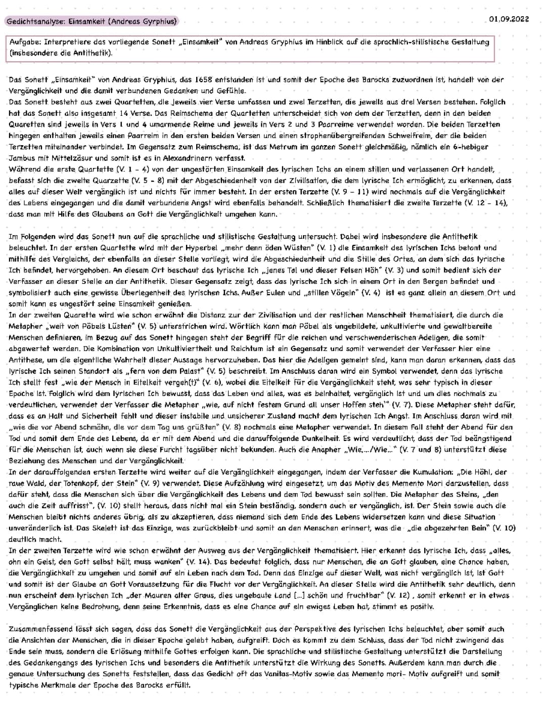 Gedichtsanalyse „Einsamkeit“ von Andreas Gryphius 