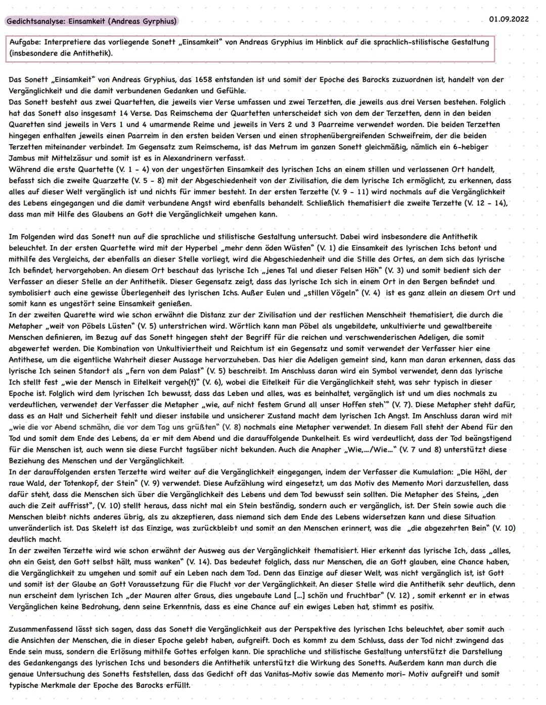 Gedichtsanalyse: Einsamkeit (Andreas Gyrphius)
Aufgabe: Interpretiere das vorliegende Sonett ,,Einsamkeit" von Andreas Gryphius im Hinblick 