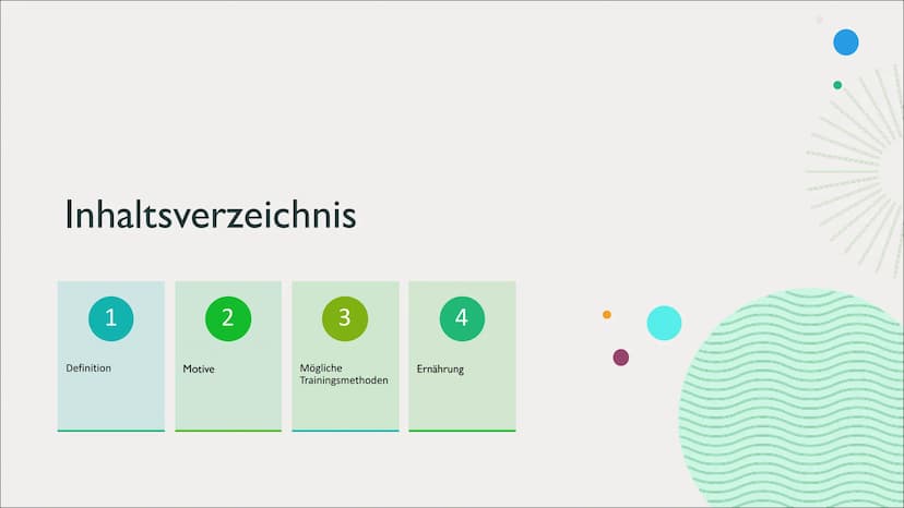 Fitness
Definition und Trainingsmethoden Inhaltsverzeichnis
1
Definition
Motive
2
3
Mögliche
Trainingsmethoden
4
Ernährung Definition
• vers