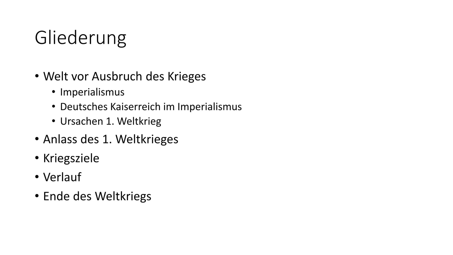 Imperialismus und erster
Weltkrieg Gliederung
• Welt vor Ausbruch des Krieges
• Imperialismus
●
●
Deutsches Kaiserreich im Imperialismus
• U